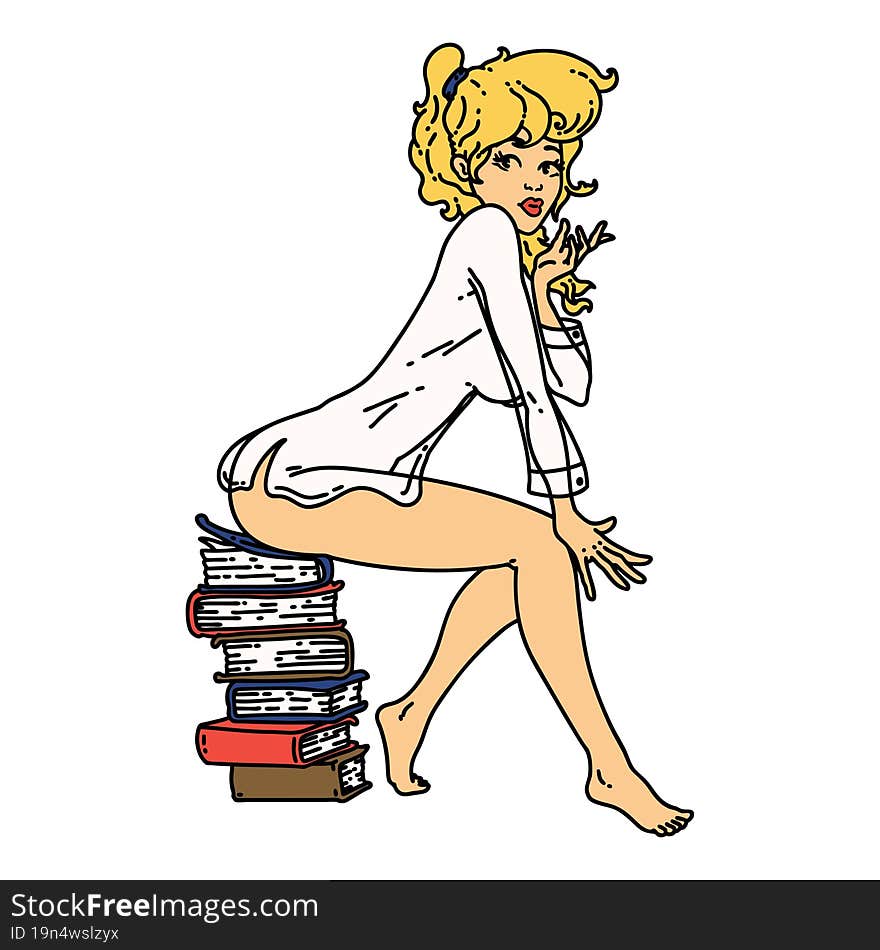 tattoo in traditional style of a pinup girl sitting on books. tattoo in traditional style of a pinup girl sitting on books