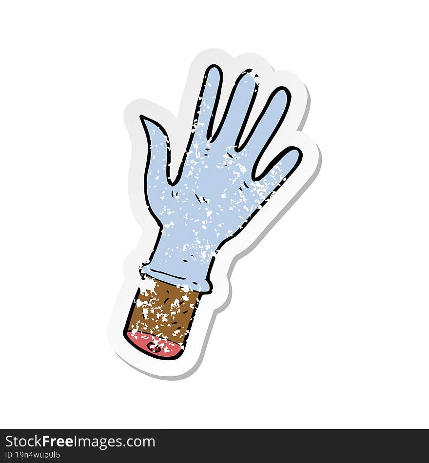 retro distressed sticker of a cartoon hand with rubber glove