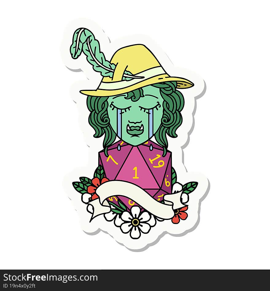 crying orc bard character with natural one D20 roll sticker