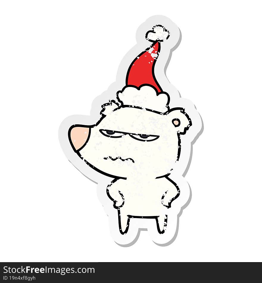 Angry Bear Polar Distressed Sticker Cartoon Of A Wearing Santa Hat