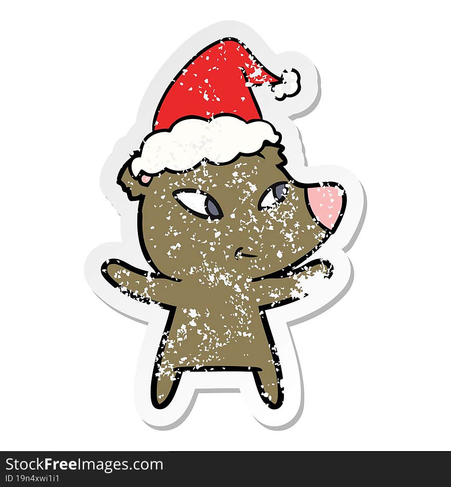 cute hand drawn distressed sticker cartoon of a bear wearing santa hat. cute hand drawn distressed sticker cartoon of a bear wearing santa hat