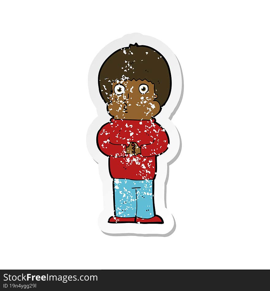 retro distressed sticker of a cartoon shy boy