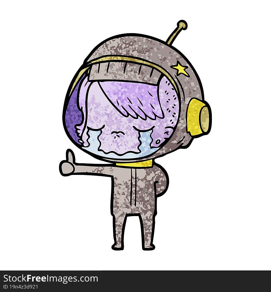 cartoon crying astronaut girl making thumbs up sign. cartoon crying astronaut girl making thumbs up sign