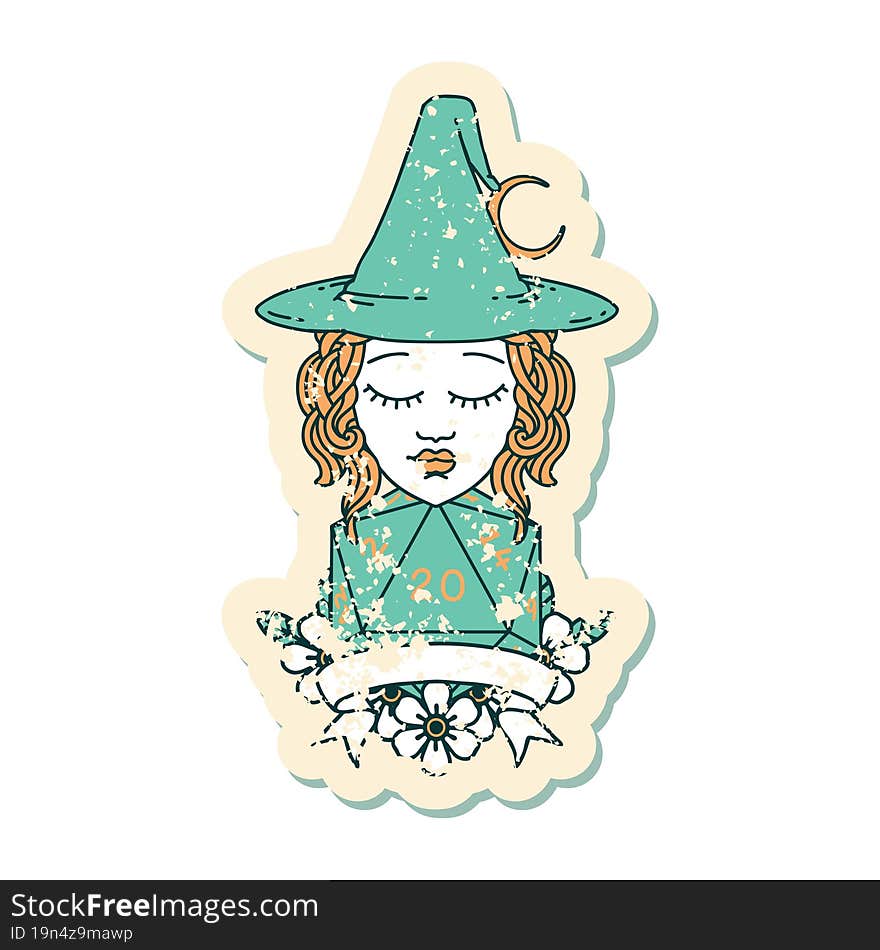 Retro Tattoo Style human witch with natural twenty dice roll. Retro Tattoo Style human witch with natural twenty dice roll