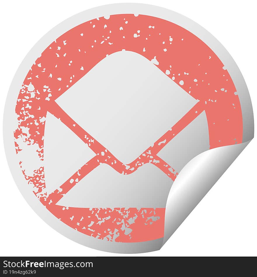 distressed circular peeling sticker symbol of a paper envelope