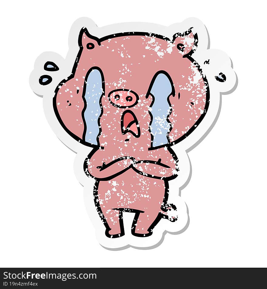 Distressed Sticker Of A Crying Pig Cartoon