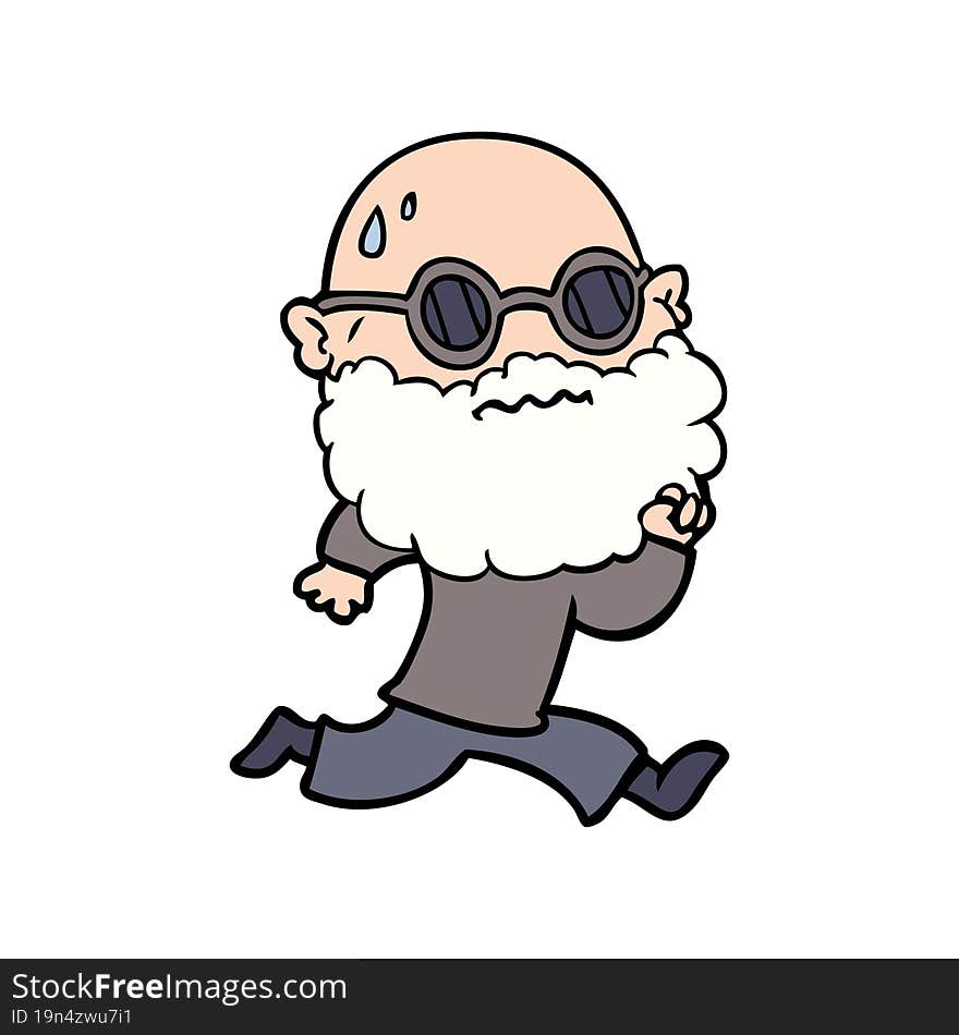 cartoon running man with beard and sunglasses sweating. cartoon running man with beard and sunglasses sweating