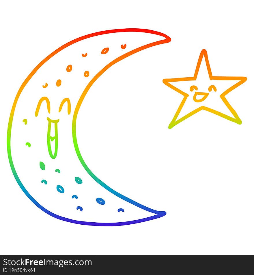 Rainbow Gradient Line Drawing Happy Cartoon Moon And Star