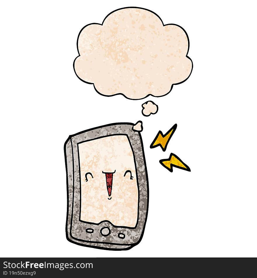 Cute Cartoon Mobile Phone And Thought Bubble In Grunge Texture Pattern Style