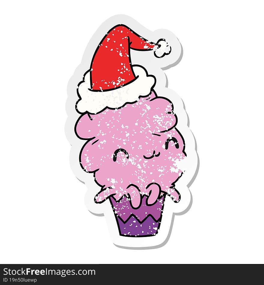 hand drawn christmas distressed sticker cartoon of kawaii muffin