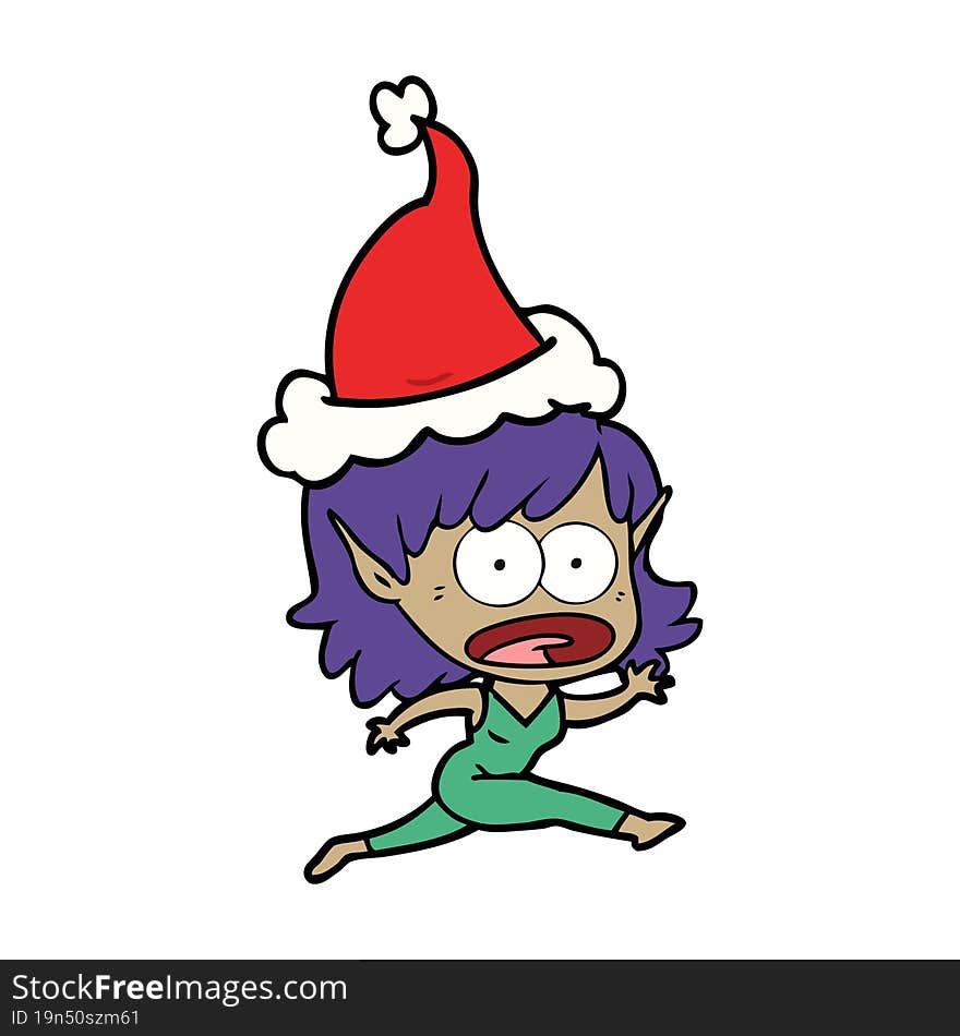 hand drawn line drawing of a shocked elf girl wearing santa hat