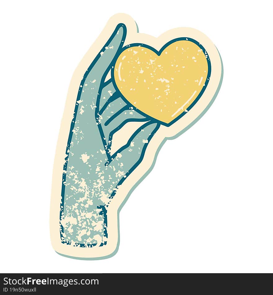 distressed sticker tattoo style icon of a hand holding a heart