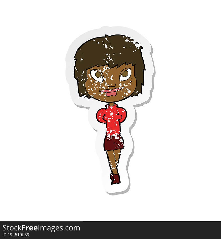 Retro Distressed Sticker Of A Cartoon Happy Woman