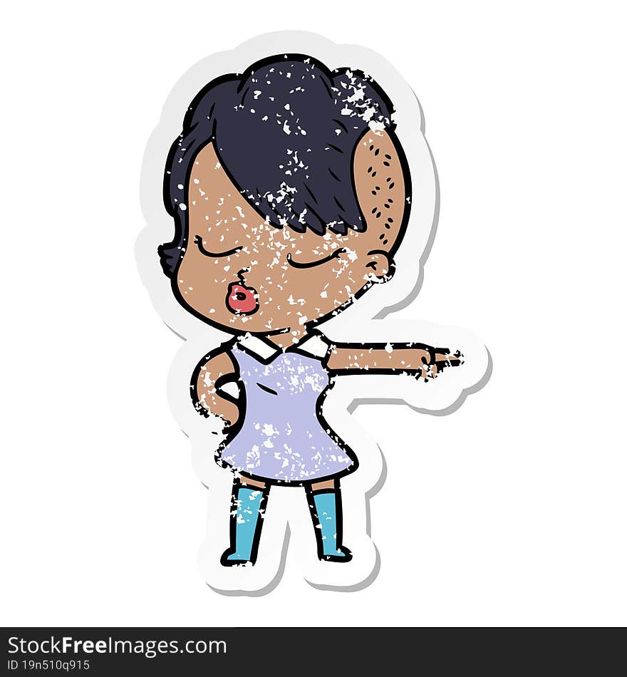 distressed sticker of a cartoon pretty hipster girl