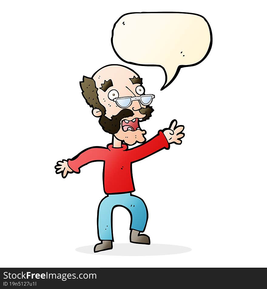 cartoon frightened old man with speech bubble