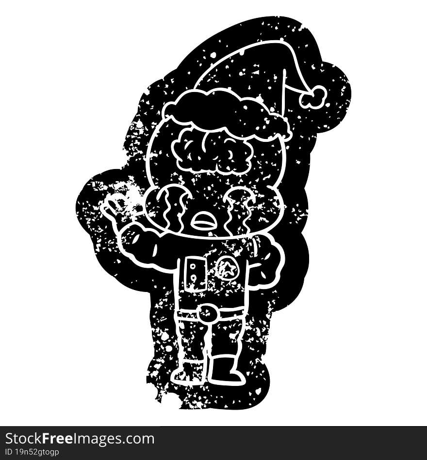 cartoon distressed icon of a big brain alien crying wearing santa hat