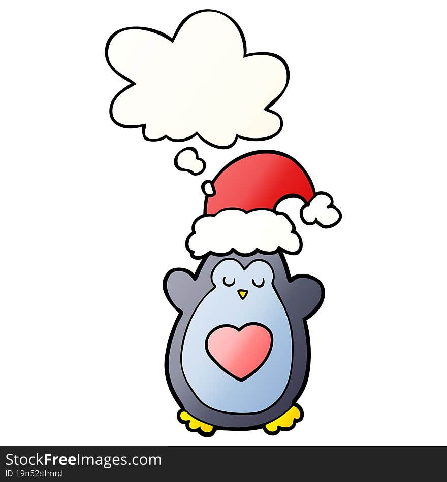 cute christmas penguin and thought bubble in smooth gradient style