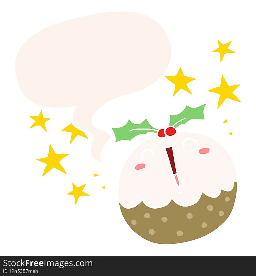 cute cartoon happy christmas pudding and speech bubble in retro style