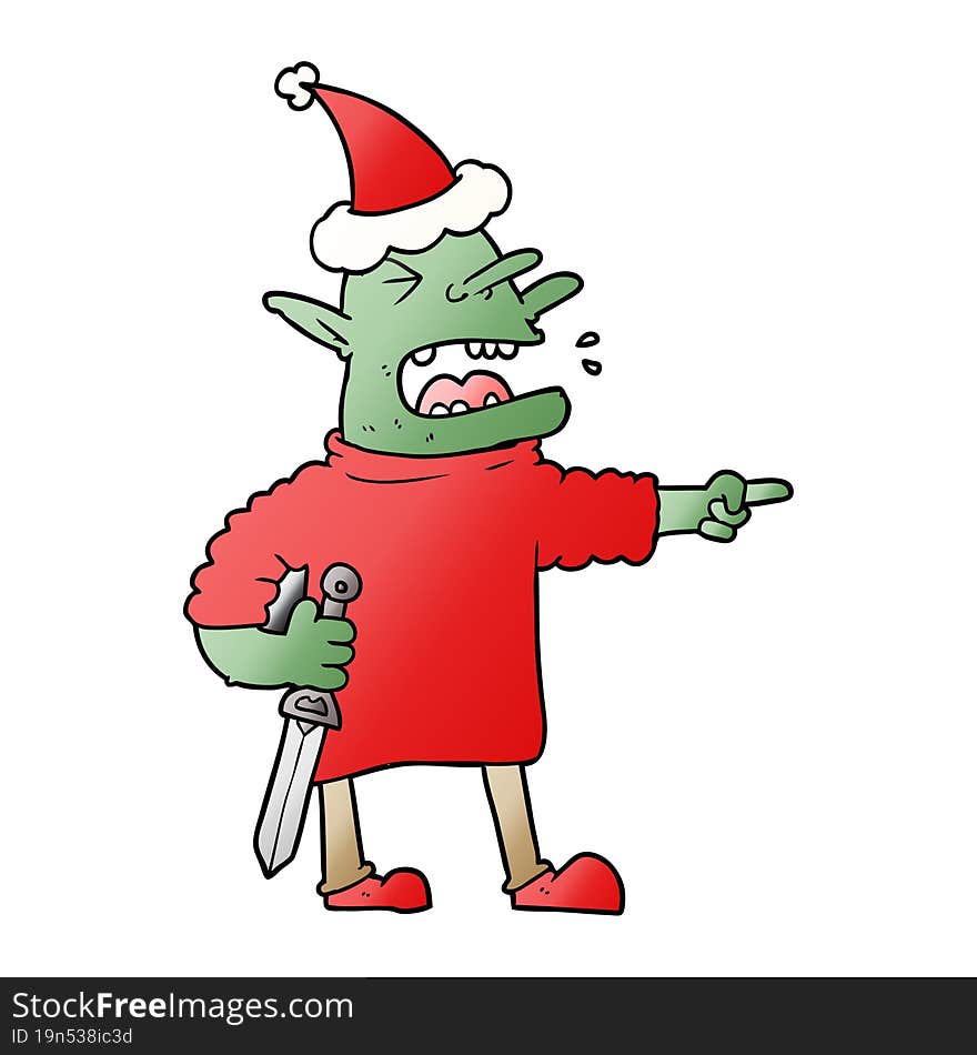 gradient cartoon of a goblin with knife wearing santa hat