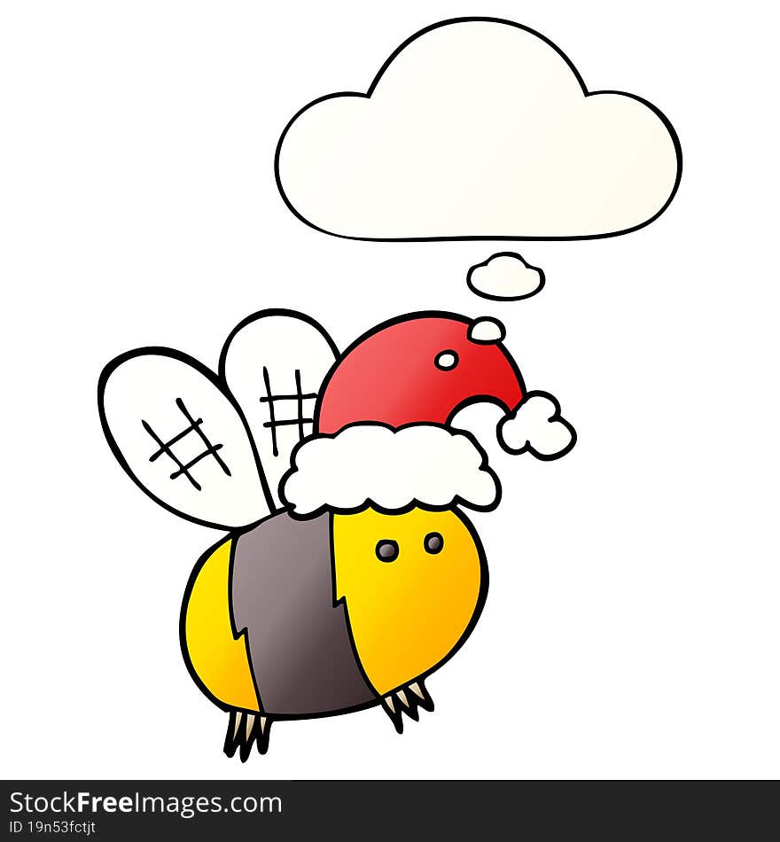 cute cartoon bee wearing christmas hat with thought bubble in smooth gradient style