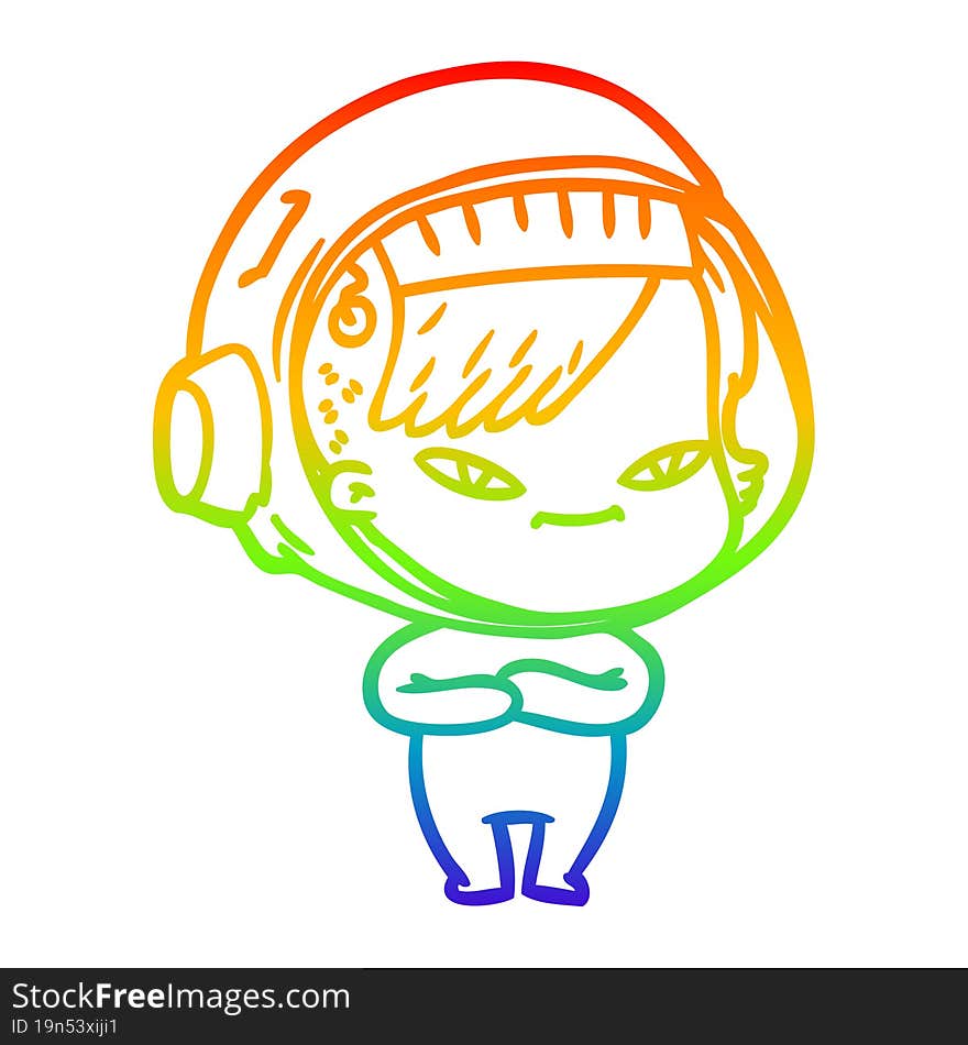 rainbow gradient line drawing of a cartoon astronaut woman