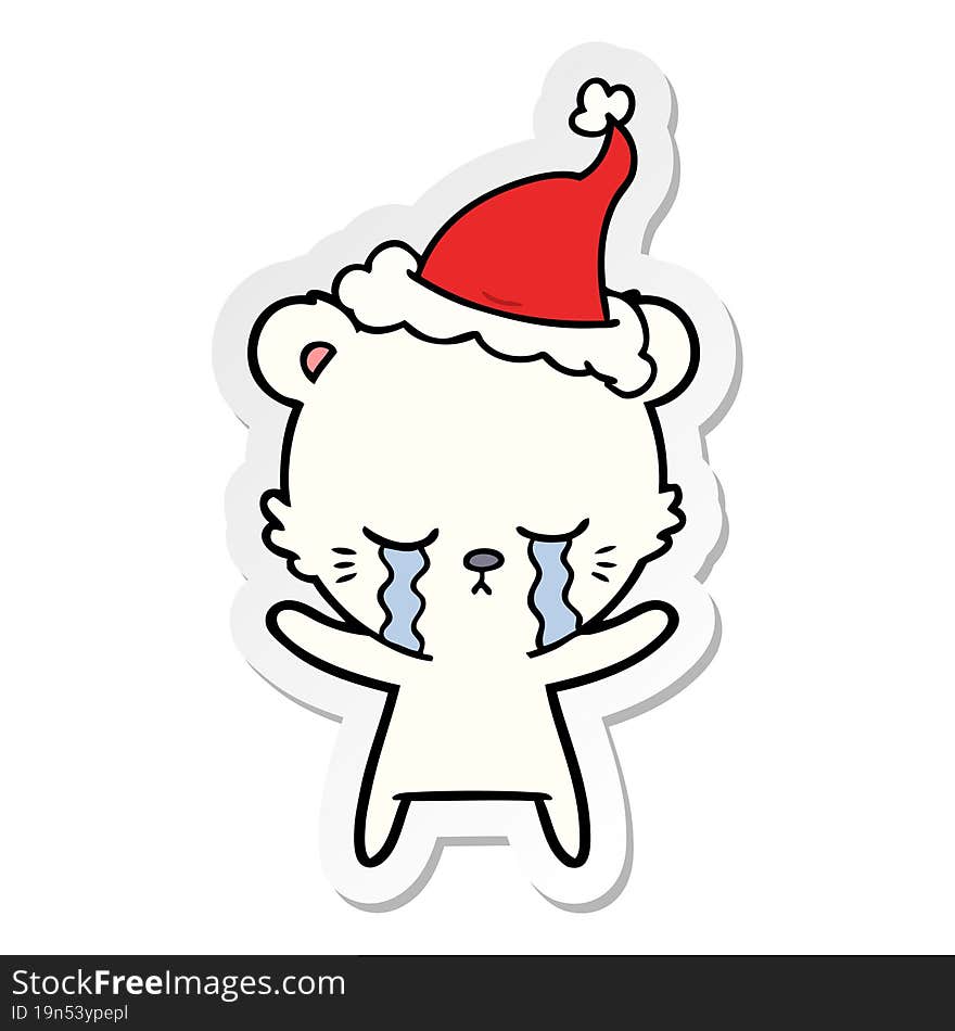 crying sticker cartoon of a polarbear wearing santa hat