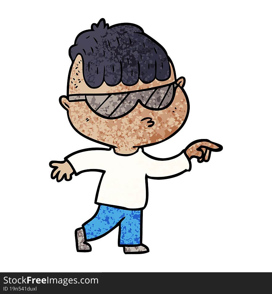 cartoon boy wearing sunglasses pointing. cartoon boy wearing sunglasses pointing