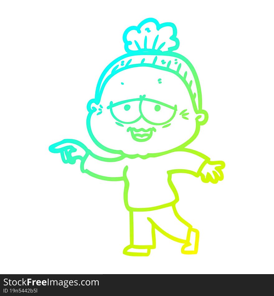 cold gradient line drawing of a cartoon happy old lady