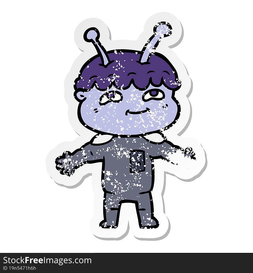 Distressed Sticker Of A Friendly Cartoon Spaceman With Open Arms