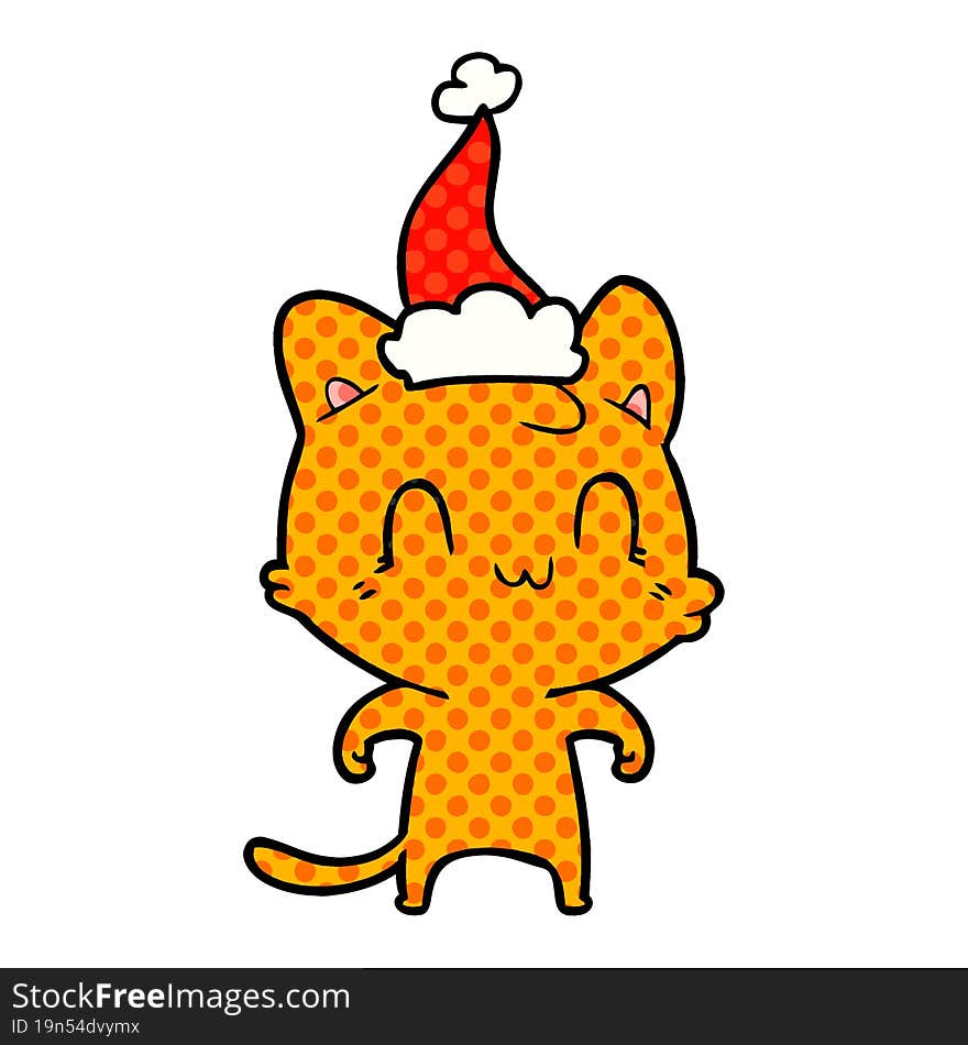 comic book style illustration of a happy cat wearing santa hat