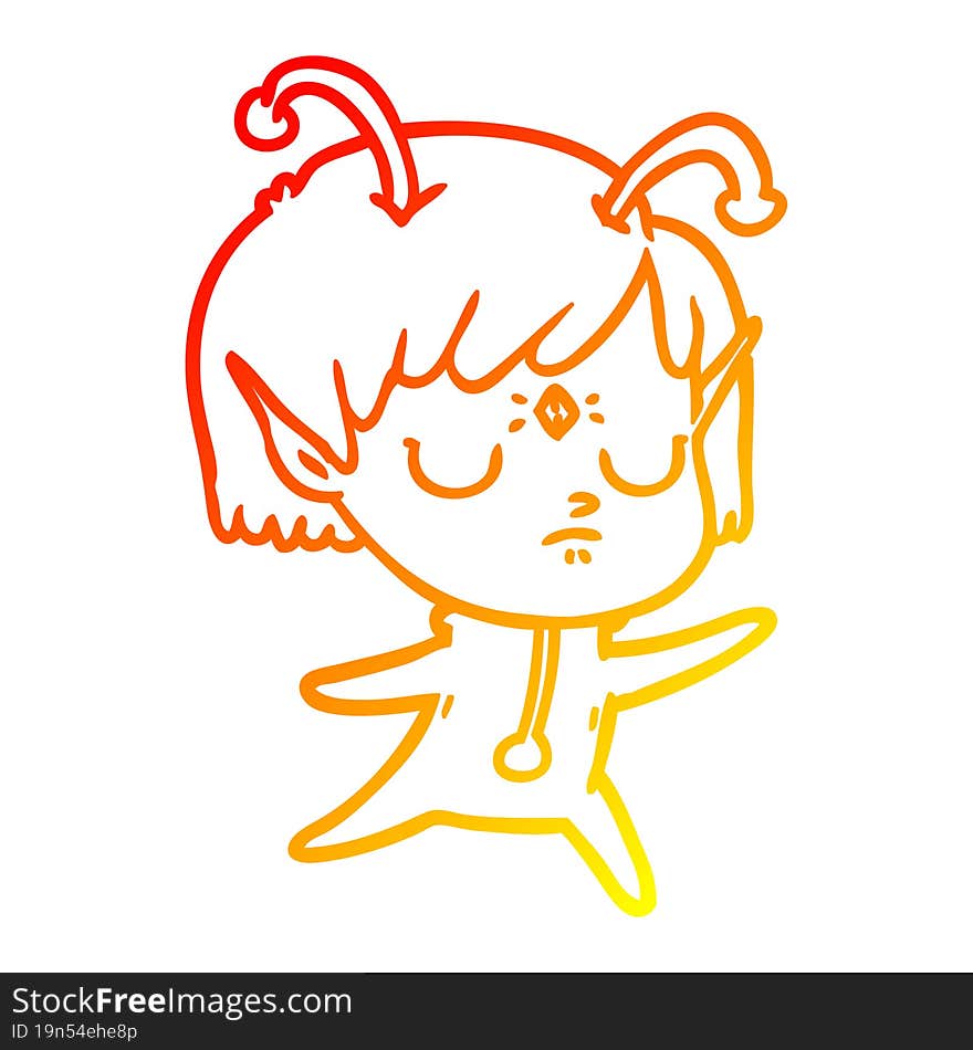 warm gradient line drawing of a cartoon alien girl