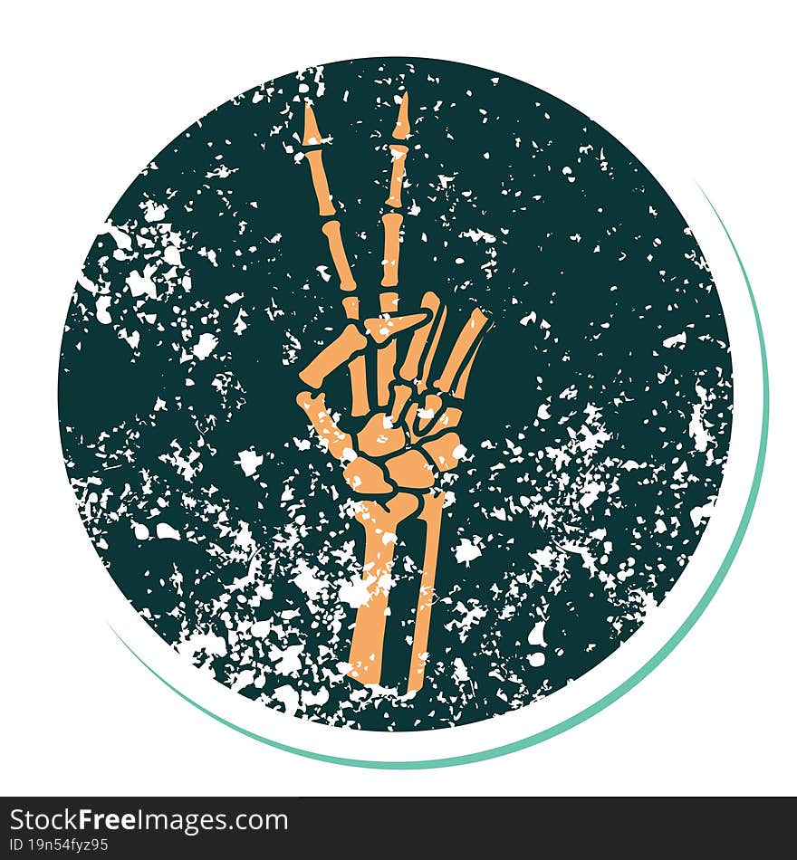 distressed sticker tattoo style icon of a skeleton hand giving a peace sign