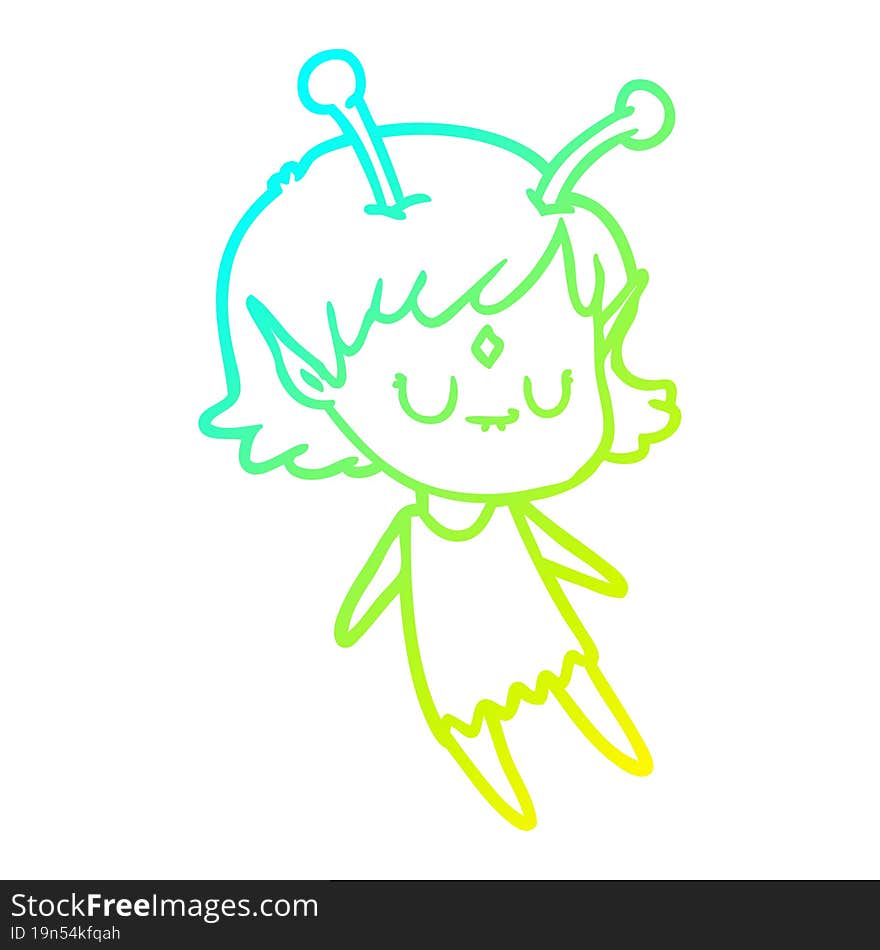 cold gradient line drawing of a cartoon alien girl