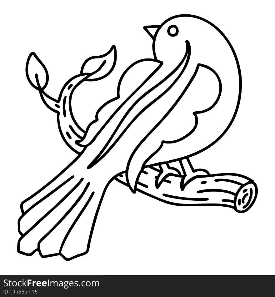 tattoo in black line style of a bird on a branch. tattoo in black line style of a bird on a branch