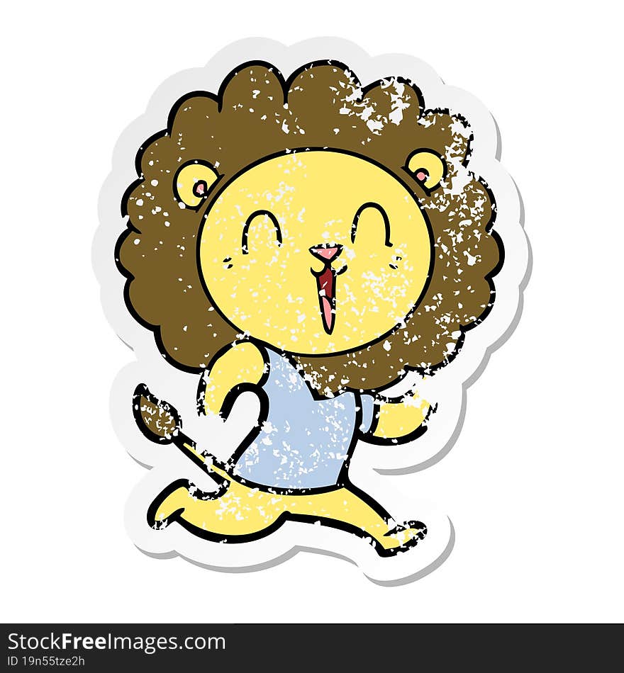 Distressed Sticker Of A Laughing Lion Cartoon