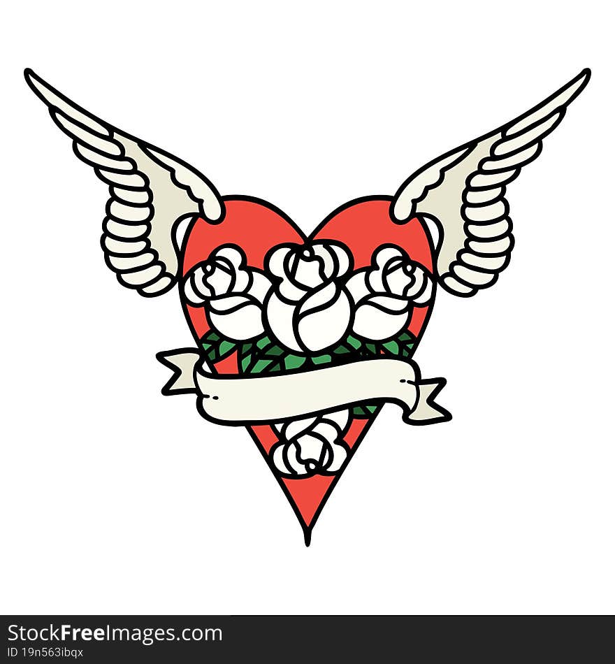 traditional tattoo of a flying heart with flowers and banner