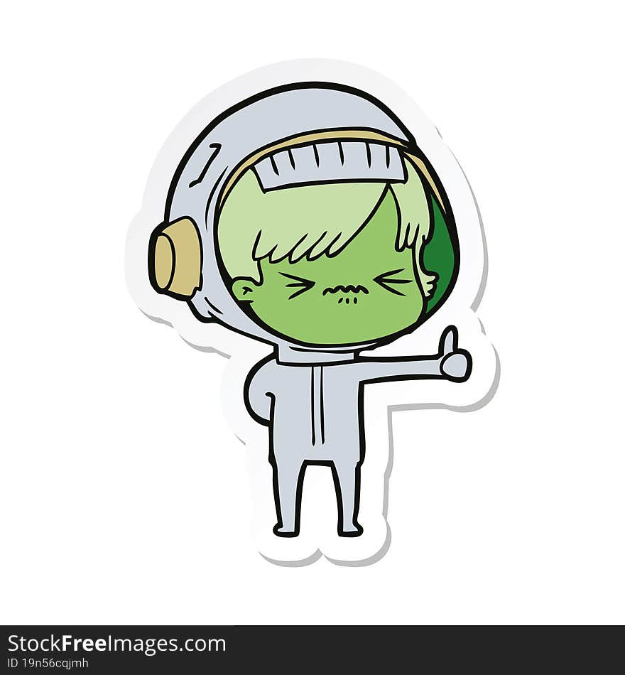 sticker of a annoyed cartoon space girl giving thumbs up sign