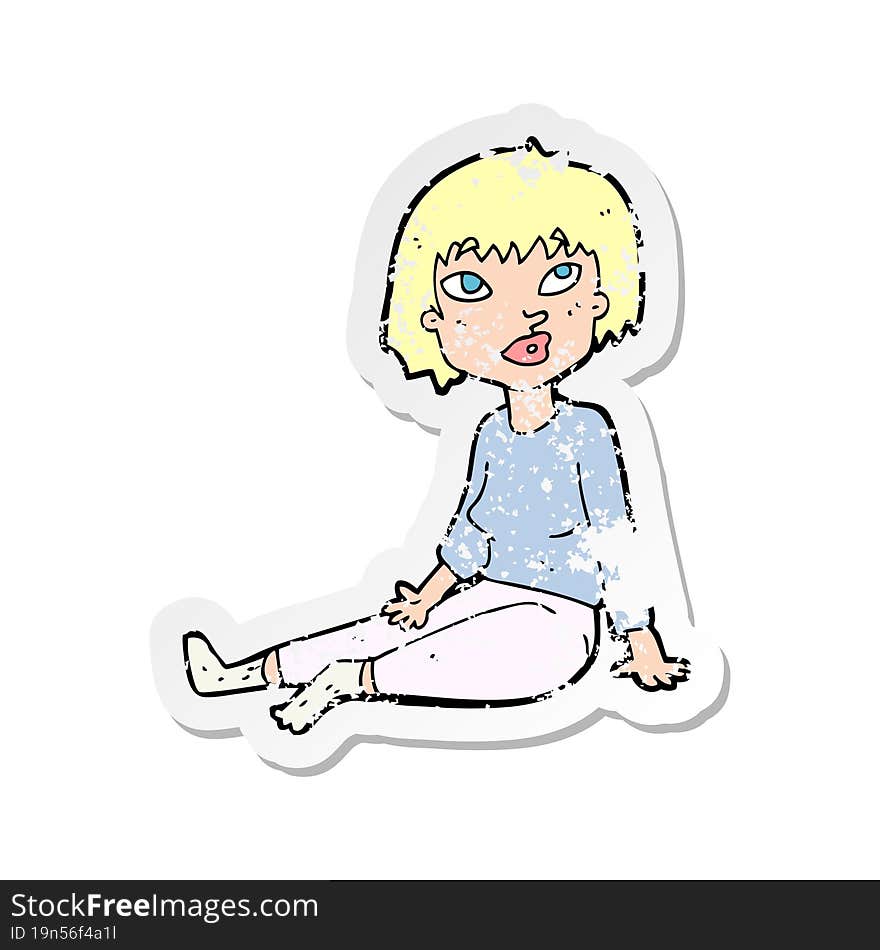 Retro Distressed Sticker Of A Cartoon Woman Sitting On Floor