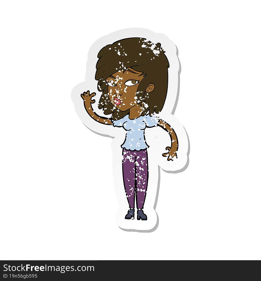 retro distressed sticker of a cartoon pretty woman waving