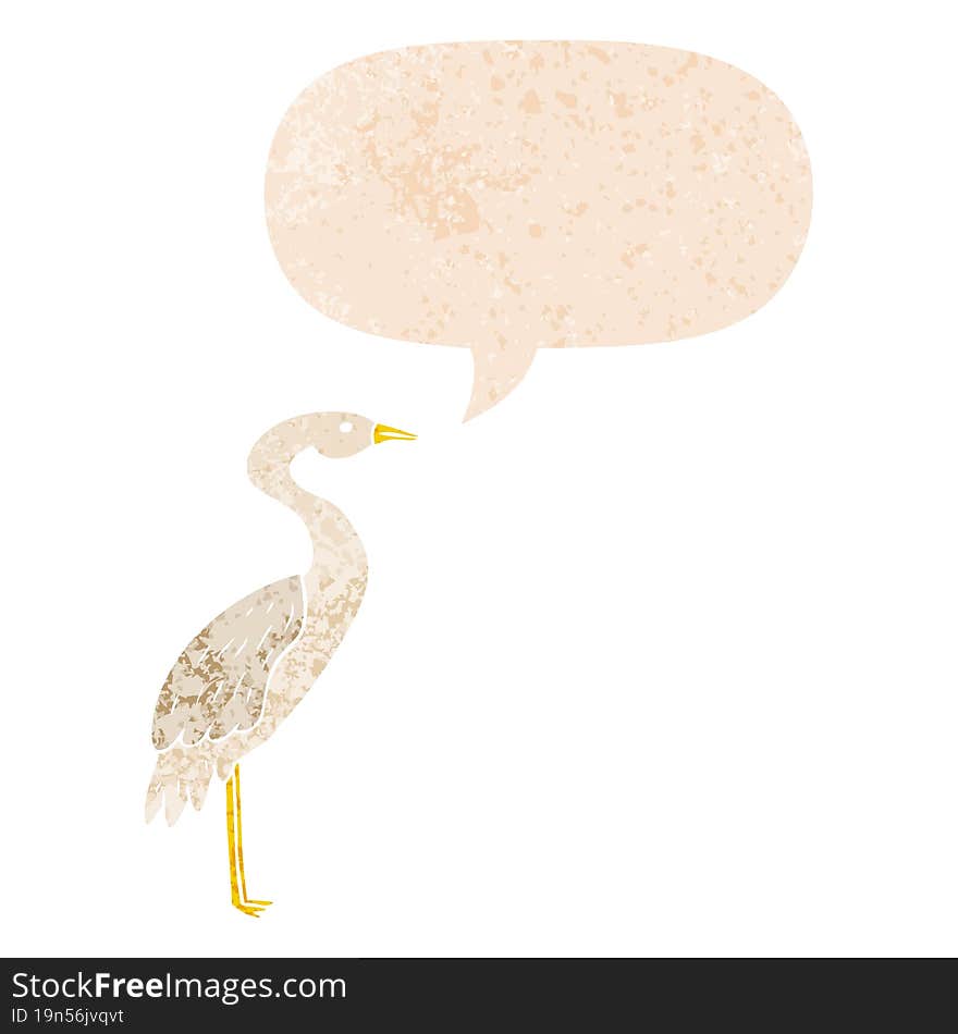 cartoon stork and speech bubble in retro textured style