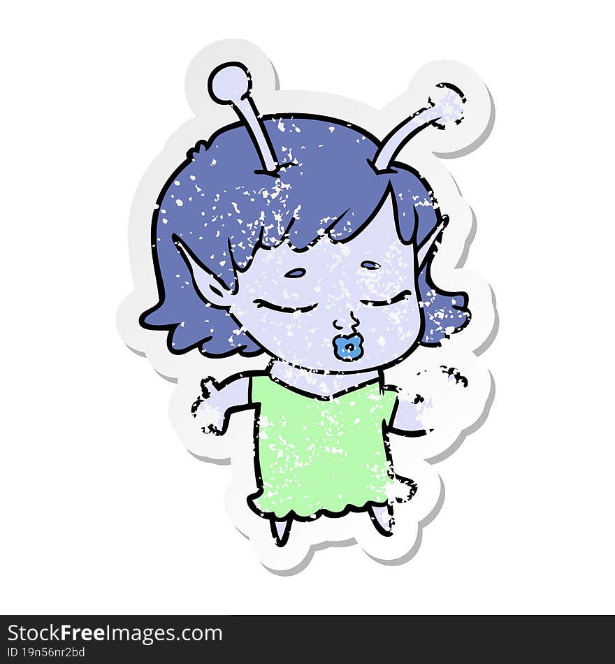 distressed sticker of a cute alien girl cartoon