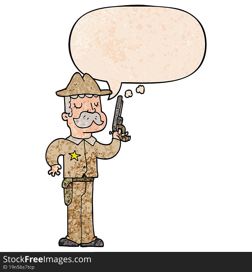 cartoon sheriff with speech bubble in retro texture style