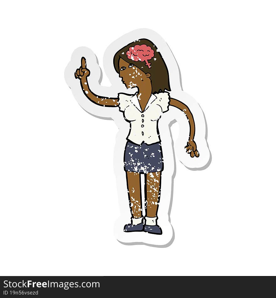 retro distressed sticker of a cartoon woman with clever idea