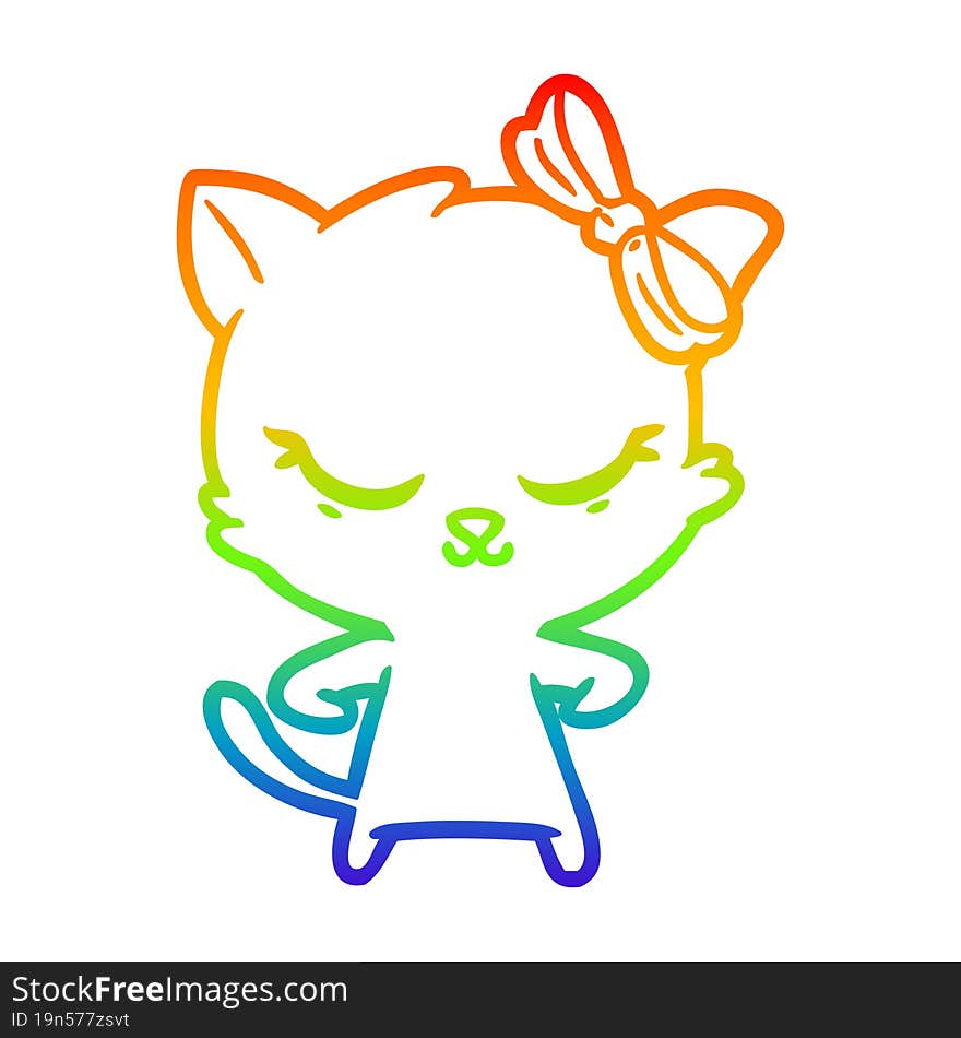 rainbow gradient line drawing cute cartoon cat with bow