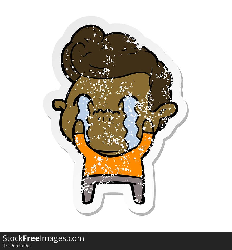 distressed sticker of a cartoon man crying