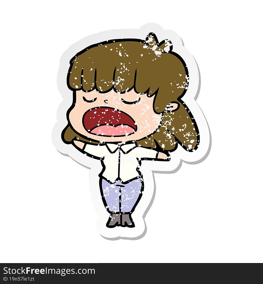 distressed sticker of a cartoon woman talking loudly