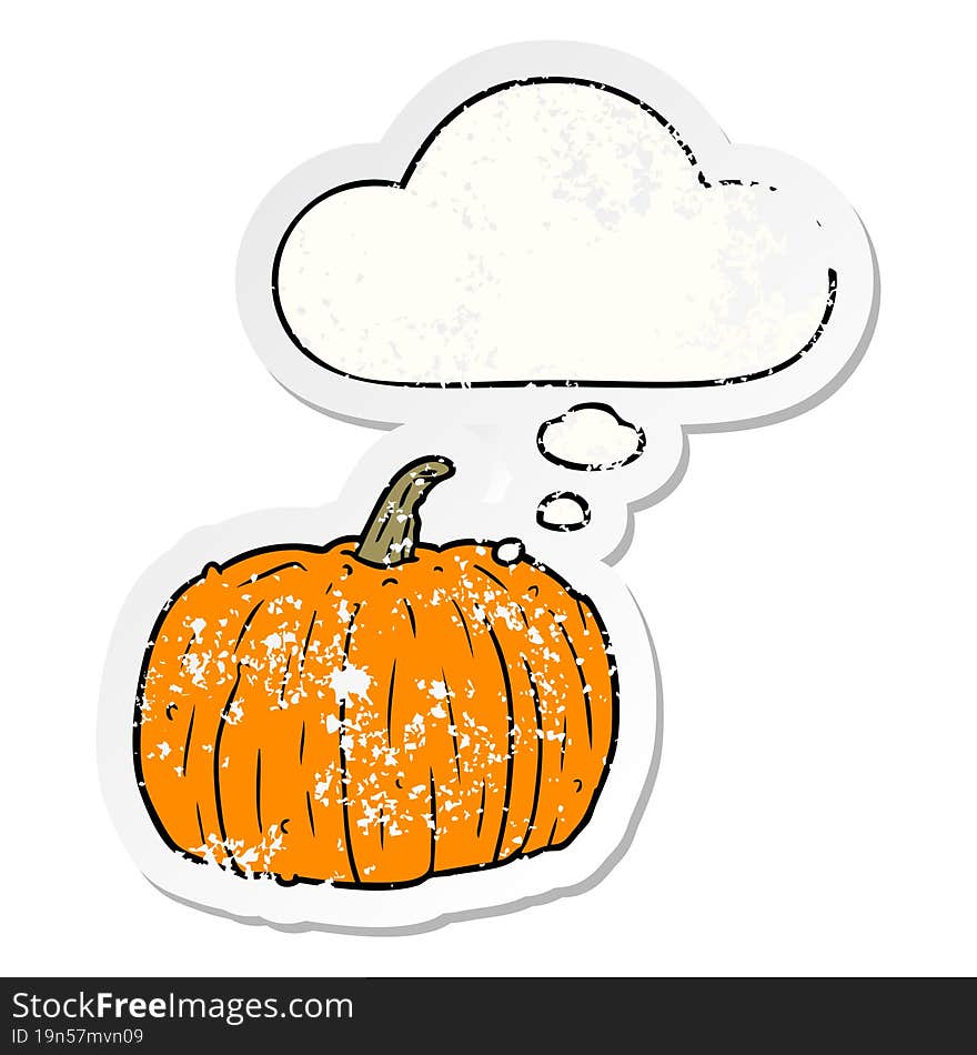 cartoon pumpkin and thought bubble as a distressed worn sticker