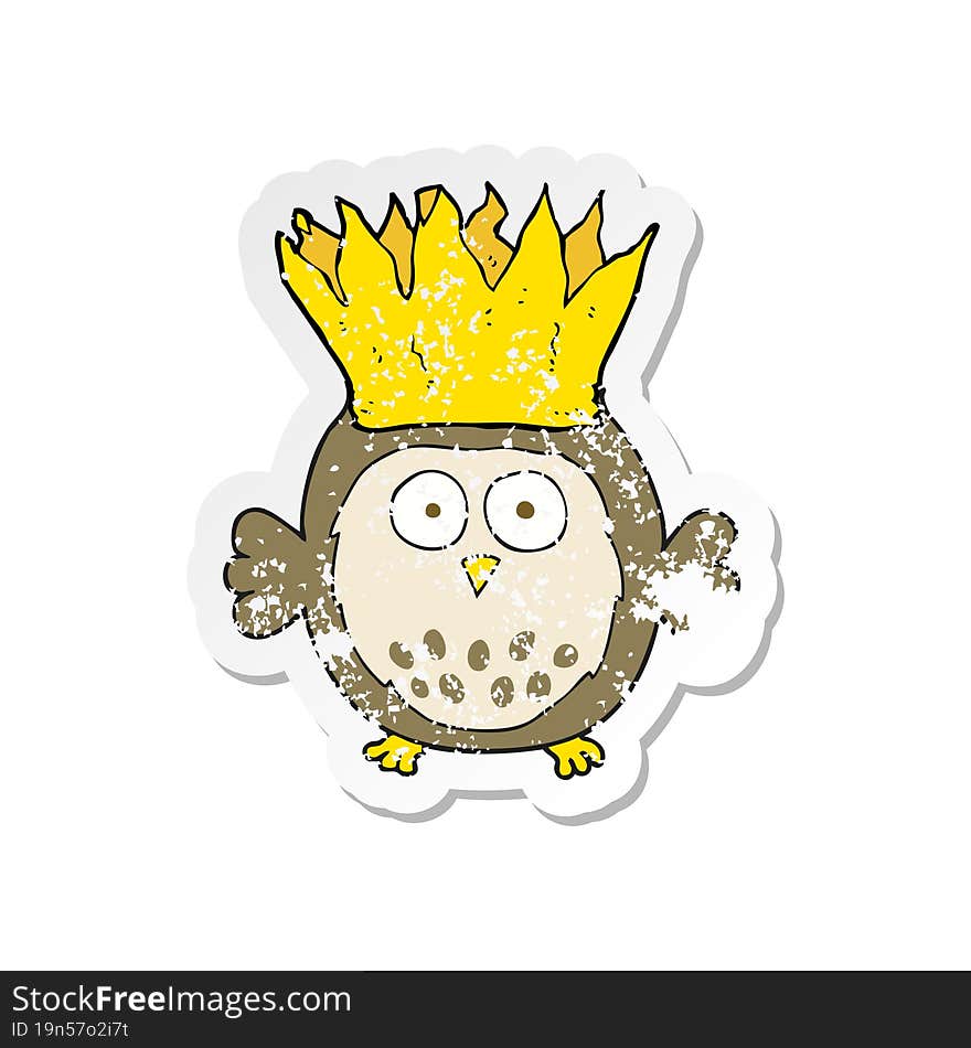 Retro Distressed Sticker Of A Cartoon Owl Wearing Paper Crown Christmas Hat