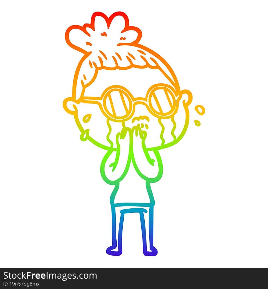 rainbow gradient line drawing cartoon crying woman wearing spectacles