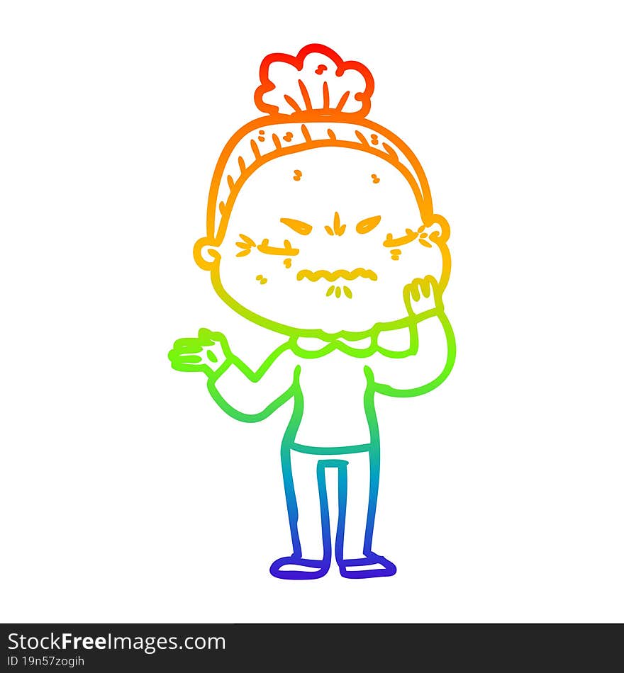 Rainbow Gradient Line Drawing Cartoon Annoyed Old Lady